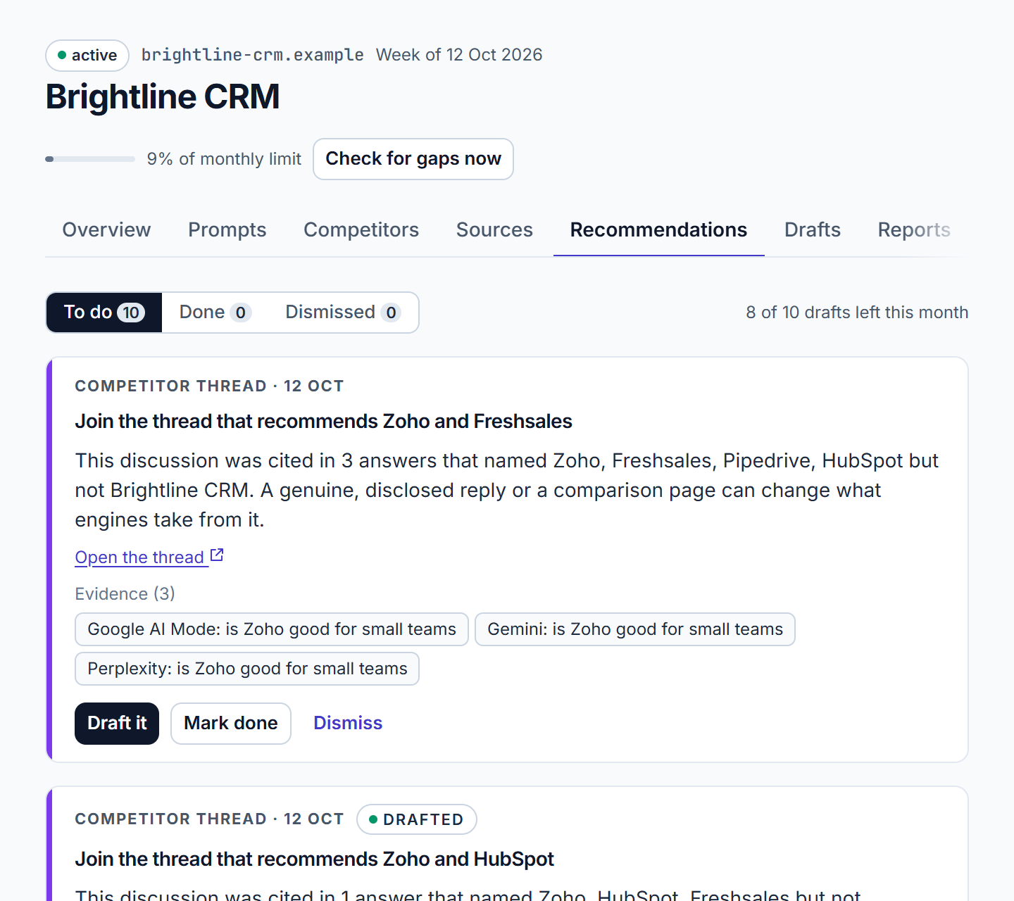 Recommendations tab listing gaps with their evidence